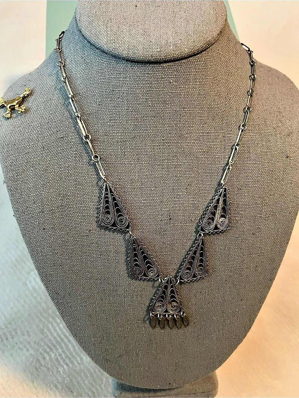 Vintage Silver Eilat Stone Filigree Work Israel Judaica Necklace -1950’s